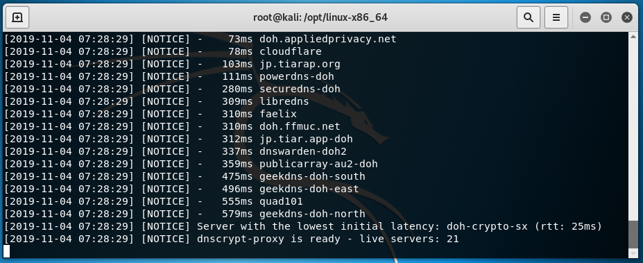 Kali dnscrypt-proxy set up